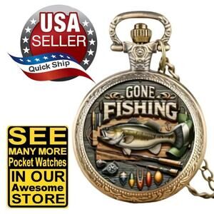Bronze Vintage Gone Fishing Pocket Watch with Chain • Bass • Rods • Reels •Lures